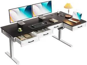 L Shaped Electric Standing Desk with Wooden Drawers, 63 Inch Height Adjustable Corner Workstation with Power Outlets, Sit Stand Table for Home, Office, White+Black L Shaped Electric Standing Desk with Wooden Drawers, 63 Inch Height Adjustable Corner Workstation with Power Outlets, Sit Stand Table for Home, Office, White+Black