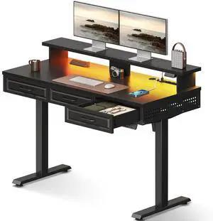 Electric Standing Desk with 3 Wooden Drawers, 48 Inch Height Adjustable Desk with Power Outlets & LED Lights, Black Sit Stand Table with Monitor Stand for Home, Office, Workstation Electric Standing Desk with 3 Wooden Drawers, 48 Inch Height Adjustable Desk with Power Outlets & LED Lights, Black Sit Stand Table with Monitor Stand for Home, Office, Workstation