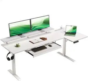 63 Inch L Shaped Electric Standing Desk with Keyboard Tray, Reversible Height Adjustable Corner Computer Desk with Monitor Stand, Sit Stand Up Lift Table for Home, Office, White 63 Inch L Shaped Electric Standing Desk with Keyboard Tray, Reversible Height Adjustable Corner Computer Desk with Monitor Stand, Sit Stand Up Lift Table for Home, Office, White