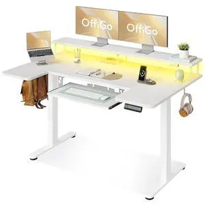 U Shaped Electric Standing Desk with Keyboard Tray, 55 Inch Height Adjustable Desk with Power Outlets & LED Lights, Sit Stand Table with Monitor Stand for Home, Office, White U Shaped Electric Standing Desk with Keyboard Tray, 55 Inch Height Adjustable Desk with Power Outlets & LED Lights, Sit Stand Table with Monitor Stand for Home, Office, White