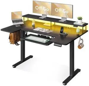U Shaped Electric Standing Desk with Keyboard Tray, 55 Inch Height Adjustable Desk with Power Outlets & LED Lights, Sit Stand Table with Monitor Stand for Home, Office, Black U Shaped Electric Standing Desk with Keyboard Tray, 55 Inch Height Adjustable Desk with Power Outlets & LED Lights, Sit Stand Table with Monitor Stand for Home, Office, Black