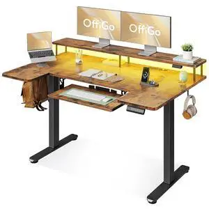 U Shaped Electric Standing Desk with Keyboard Tray, 55 Inch Height Adjustable Desk with Power Outlets & LED Lights, Sit Stand Table with Monitor Stand for Home, Office, Rustic Brown U Shaped Electric Standing Desk with Keyboard Tray, 55 Inch Height Adjustable Desk with Power Outlets & LED Lights, Sit Stand Table with Monitor Stand for Home, Office, Rustic Brown