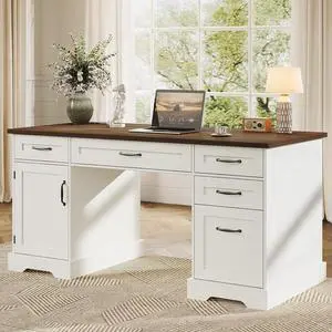 59 Inch Farmhouse Desk with Drawers, Executive Computer Desk with Charging Station, Wood File Cabinet Storage for Home Office, Walnut+White 59 Inch Farmhouse Desk with Drawers, Executive Computer Desk with Charging Station, Wood File Cabinet Storage for Home Office, Walnut+White