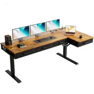 63 Inch L Shaped Electric Standing Desk with Drawers, Height Adjustable Large Desk with Power Outlets, Sit Stand Table, Writing Computer Desk for Home, Office, Workstation, Rustic Brown 63 Inch L Shaped Electric Standing Desk with Drawers, Height Adjustable Large Desk with Power Outlets, Sit Stand Table, Writing Computer Desk for Home, Office, Workstation, Rustic Brown