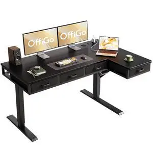 55 Inch L Shaped Electric Standing Desk with Drawers, Height Adjustable Large Desk with Power Outlets, Sit Stand Table, Writing Computer Desk for Home, Office, Workstation, Black 55 Inch L Shaped Electric Standing Desk with Drawers, Height Adjustable Large Desk with Power Outlets, Sit Stand Table, Writing Computer Desk for Home, Office, Workstation, Black