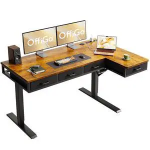 55 Inch L Shaped Electric Standing Desk with Drawers, Height Adjustable Large Desk with Power Outlets, Sit Stand Table, Writing Computer Desk for Home, Office, Workstation, Rustic Brown 55 Inch L Shaped Electric Standing Desk with Drawers, Height Adjustable Large Desk with Power Outlets, Sit Stand Table, Writing Computer Desk for Home, Office, Workstation, Rustic Brown
