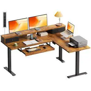 59 Inch L Shaped Electric Standing Desk with Drawers, Height Adjustable Corner Computer Desk with Keyboard Tray & Monitor Stand, Stand Up Table for Home Office Workstation, Rustic Brown 59 Inch L Shaped Electric Standing Desk with Drawers, Height Adjustable Corner Computer Desk with Keyboard Tray & Monitor Stand, Stand Up Table for Home Office Workstation, Rustic Brown