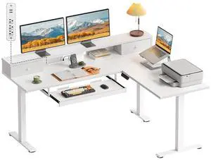59 Inch L Shaped Electric Standing Desk with Drawers, Height Adjustable Corner Computer Desk with Keyboard Tray & Monitor Stand, Stand Up Table for Home Office Workstation, White 59 Inch L Shaped Electric Standing Desk with Drawers, Height Adjustable Corner Computer Desk with Keyboard Tray & Monitor Stand, Stand Up Table for Home Office Workstation, White