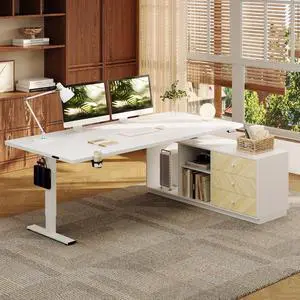 L Shaped Standing Desk with Drawers, Large Electric Height Adjustable Executive Desk, Sit Stand Desk for Home Office and Workstation, PC Cabinet (63"x32" White) L Shaped Standing Desk with Drawers, Large Electric Height Adjustable Executive Desk, Sit Stand Desk for Home Office and Workstation, PC Cabinet (63"x32" White)