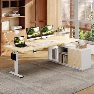 L Shaped Standing Desk with Drawers, Large Electric Height Adjustable Executive Desk, Sit Stand Desk for Home Office and Workstation, PC Cabinet (71"x32" White Wood Grain) L Shaped Standing Desk with Drawers, Large Electric Height Adjustable Executive Desk, Sit Stand Desk for Home Office and Workstation, PC Cabinet (71"x32" White Wood Grain)