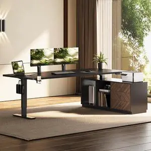 L Shaped Executive Standing Desk with Drawers, Large Electric Height Adjustable Desk, Sit Stand Desk for Home Office and Workstation, PC Cabinet (71"x32" Black) L Shaped Executive Standing Desk with Drawers, Large Electric Height Adjustable Desk, Sit Stand Desk for Home Office and Workstation, PC Cabinet (71"x32" Black)