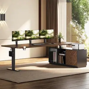 L Shaped Executive Standing Desk with Drawers, Large Electric Height Adjustable Desk, Sit Stand Desk for Home Office and Workstation, PC Cabinet (79"x32" Black Walnut) L Shaped Executive Standing Desk with Drawers, Large Electric Height Adjustable Desk, Sit Stand Desk for Home Office and Workstation, PC Cabinet (79"x32" Black Walnut)