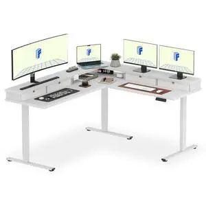 71" Large L Shaped Standing Desk Electric Corner Table with Shelf, 4 Storage Drawers, Adjustable Computer Workstation for Home, Office, Game, Studio, White Top + White Frame 71" Large L Shaped Standing Desk Electric Corner Table with Shelf, 4 Storage Drawers, Adjustable Computer Workstation for Home, Office, Game, Studio, White Top + White Frame
