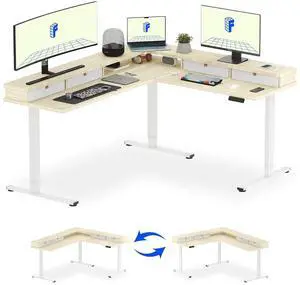 71" L Shaped Standing Desk Electric Corner Table with Shelf, 4 Storage Drawers, Adjustable Computer Workstation for Home, Office, Game, Studio,Light Maple Top + White Frame 71" L Shaped Standing Desk Electric Corner Table with Shelf, 4 Storage Drawers, Adjustable Computer Workstation for Home, Office, Game, Studio,Light Maple Top + White Frame