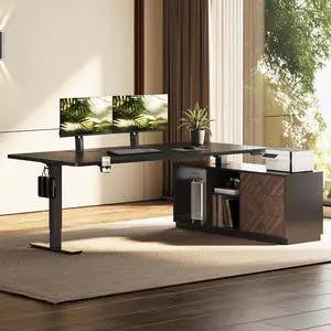 L Shaped Executive Standing Desk with Drawers, Large Electric Height Adjustable Desk, Sit Stand Desk for Home Office and Workstation, PC Cabinet (63"x32" Black) L Shaped Executive Standing Desk with Drawers, Large Electric Height Adjustable Desk, Sit Stand Desk for Home Office and Workstation, PC Cabinet (63"x32" Black)