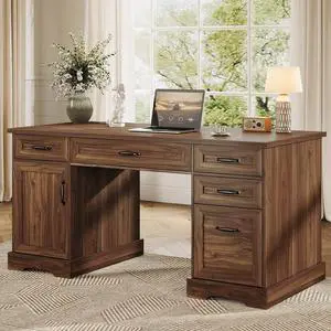 59 Inch Farmhouse Desk with Drawers, Executive Computer Desk with Charging Station, Wood File Cabinet Storage for Home Office, Walnut 59 Inch Farmhouse Desk with Drawers, Executive Computer Desk with Charging Station, Wood File Cabinet Storage for Home Office, Walnut