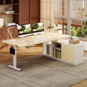 L Shaped Standing Desk with Drawers, Large Electric Height Adjustable Executive Desk, Sit Stand Desk for Home Office and Workstation, PC Cabinet (63"x32" White Wood Grain) L Shaped Standing Desk with Drawers, Large Electric Height Adjustable Executive Desk, Sit Stand Desk for Home Office and Workstation, PC Cabinet (63"x32" White Wood Grain)