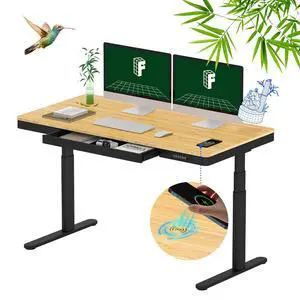 Q8 55" Bamboo Standing Desk, Dual Motor 3 Stages Adjustable Height Electric Computer Workstation w/Wireless Charging, Drawer, Quick Install, 220lbs Capacity (Bamboo Tabletop + Black Frame) Q8 55" Bamboo Standing Desk, Dual Motor 3 Stages Adjustable Height Electric Computer Workstation w/Wireless Charging, Drawer, Quick Install, 220lbs Capacity (Bamboo Tabletop + Black Frame)