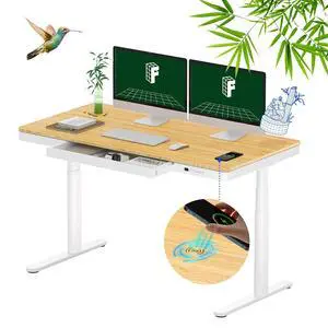 Q8 55" Bamboo Standing Desk, Dual Motor 3 Stages Adjustable Height Electric Computer Workstation w/Wireless Charging, Drawer, Quick Install, 220lbs Capacity (Bamboo Tabletop + White Frame) Q8 55" Bamboo Standing Desk, Dual Motor 3 Stages Adjustable Height Electric Computer Workstation w/Wireless Charging, Drawer, Quick Install, 220lbs Capacity (Bamboo Tabletop + White Frame)