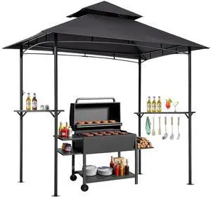 Grill Gazebo, 8 x 5 ft Outdoor BBQ Gazebo with Double-Tiered Roof, Powder-Coated Steel Patio Grill Shelter with 2 Side Shelves & 8 Hooks, Grilling Canopy for Patio Backyard Garden Picnic Grill Gazebo, 8 x 5 ft Outdoor BBQ Gazebo with Double-Tiered Roof, Powder-Coated Steel Patio Grill Shelter with 2 Side Shelves & 8 Hooks, Grilling Canopy for Patio Backyard Garden Picnic