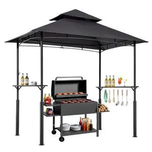 Grill Gazebo, 8x5 ft BBQ Gazebo with Double-Tiered Roof, Heavy-Duty Outdoor Grill Shelter, Thickened Support Legs, Powder-Coated Steel Grilling Canopy with 2 Side Shelves, Bottle Opener & Hooks Grill Gazebo, 8x5 ft BBQ Gazebo with Double-Tiered Roof, Heavy-Duty Outdoor Grill Shelter, Thickened Support Legs, Powder-Coated Steel Grilling Canopy with 2 Side Shelves, Bottle Opener & Hooks
