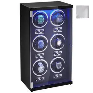 Watch Winder, Watch Winder for 6 Men's and Women's Automatic Watches, with 6 Super Quiet Japanese Mabuchi Motors, Blue LED Light and Adapter, High-Density Board Shell and Black PU Watch Winder, Watch Winder for 6 Men's and Women's Automatic Watches, with 6 Super Quiet Japanese Mabuchi Motors, Blue LED Light and Adapter, High-Density Board Shell and Black PU