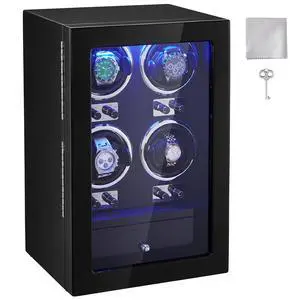 Watch Winder, Watch Winder for 4 Men's and Women's Automatic Watches, with 4 Super Quiet Japanese Mabuchi Motors, Blue LED Light and Adapter, High-Density Board Shell and Black PU Watch Winder, Watch Winder for 4 Men's and Women's Automatic Watches, with 4 Super Quiet Japanese Mabuchi Motors, Blue LED Light and Adapter, High-Density Board Shell and Black PU
