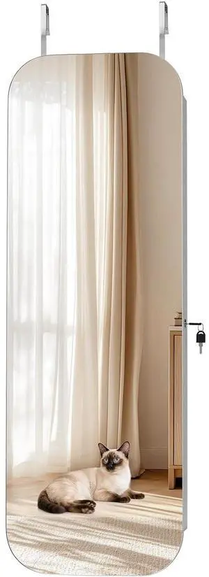 Mirror Jewelry Cabinet, 42.5-inch Tall, Full-Length Mirror with Storage, Wall Mount/Over the Door Jewelry Armoire Organizer, Rounded Design, Lockable with 2 Keys and a Travel Organizer, White Mirror Jewelry Cabinet, 42.5-inch Tall, Full-Length Mirror with Storage, Wall Mount/Over the Door Jewelry Armoire Organizer, Rounded Design, Lockable with 2 Keys and a Travel Organizer, White