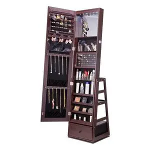 360° Swivel Jewelry Cabinet Armoire, 63-Inch Tall Lockable Jewelry Organizer with Full-Length Mirror, LED Light, Velvet Lining, Drawer, Freestanding, Brown 360° Swivel Jewelry Cabinet Armoire, 63-Inch Tall Lockable Jewelry Organizer with Full-Length Mirror, LED Light, Velvet Lining, Drawer, Freestanding, Brown