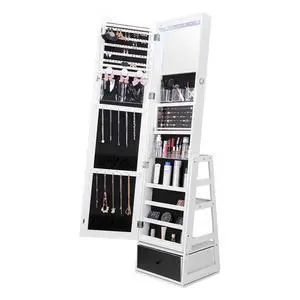 360° Swivel Jewelry Cabinet Armoire, 63-Inch Tall Lockable Jewelry Organizer with Full-Length Mirror, LED Light, Velvet Lining, Drawer, Freestanding, White 360° Swivel Jewelry Cabinet Armoire, 63-Inch Tall Lockable Jewelry Organizer with Full-Length Mirror, LED Light, Velvet Lining, Drawer, Freestanding, White