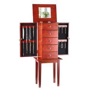 Jewelry Cabinet Armoire, Standing Wood Jewelry Storage Chest with 4 Spacious Drawers, Flip Top Mirror, 4 Top Storage Compartments, Zinc Alloy Handles, 2 Side Doors with 16 Necklace Hooks Jewelry Cabinet Armoire, Standing Wood Jewelry Storage Chest with 4 Spacious Drawers, Flip Top Mirror, 4 Top Storage Compartments, Zinc Alloy Handles, 2 Side Doors with 16 Necklace Hooks