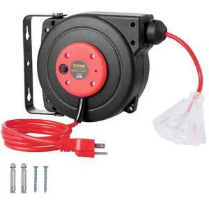 Retractable Extension Cord Reel, 30 FT, Heavy Duty 16AWG/3C SJTOW Retractable Power Cord Reel with Lighted Triple Tap Outlet 10 Amp Circuit Breaker 4.5FT Lead-in Cord, for Ceiling or Wall Mount Retractable Extension Cord Reel, 30 FT, Heavy Duty 16AWG/3C SJTOW Retractable Power Cord Reel with Lighted Triple Tap Outlet 10 Amp Circuit Breaker 4.5FT Lead-in Cord, for Ceiling or Wall Mount