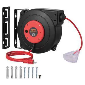 Retractable Extension Cord Reel, 50 FT, Heavy Duty 14AWG/3C SJTOW Extension Power Cord with Lighted Triple Tap Outlet, 13A Circuit Breaker 180° Swivel Bracket for Ceiling or Wall Mount, Red Retractable Extension Cord Reel, 50 FT, Heavy Duty 14AWG/3C SJTOW Extension Power Cord with Lighted Triple Tap Outlet, 13A Circuit Breaker 180° Swivel Bracket for Ceiling or Wall Mount, Red
