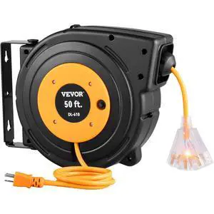 Retractable Extension Cord Reel, 50 FT Heavy Duty 14AWG/3C SJTOW Power Cord with Lighted Triple Tap Outlet, 13 Amp Circuit Breaker, 180° Swivel Bracket for Ceiling or Wall Mount Retractable Extension Cord Reel, 50 FT Heavy Duty 14AWG/3C SJTOW Power Cord with Lighted Triple Tap Outlet, 13 Amp Circuit Breaker, 180° Swivel Bracket for Ceiling or Wall Mount