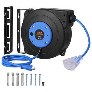 Retractable Extension Cord Reel, 50 FT, Heavy Duty 14AWG/3C SJTOW Extension Power Cord with Lighted Triple Tap Outlet, 13A Circuit Breaker 180° Swivel Bracket for Ceiling or Wall Mount, Blue Retractable Extension Cord Reel, 50 FT, Heavy Duty 14AWG/3C SJTOW Extension Power Cord with Lighted Triple Tap Outlet, 13A Circuit Breaker 180° Swivel Bracket for Ceiling or Wall Mount, Blue