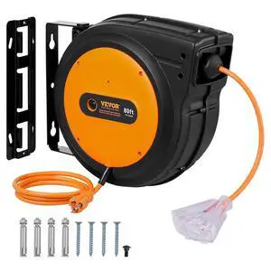 Retractable Extension Cord Reel, 80 FT, Heavy Duty 12AWG/3C SJTOW Retractable Power Cord with Lighted Triple Tap Outlet, 15 Amp Circuit Breaker 180° Swivel Bracket for Ceiling or Wall Mount Retractable Extension Cord Reel, 80 FT, Heavy Duty 12AWG/3C SJTOW Retractable Power Cord with Lighted Triple Tap Outlet, 15 Amp Circuit Breaker 180° Swivel Bracket for Ceiling or Wall Mount