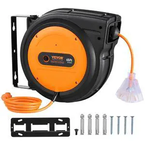 Retractable Extension Cord Reel, 65 FT, Heavy Duty 12AWG/3C SJTOW Power Cord, with Lighted Triple Tap Outlet, 15 Amp Circuit Breaker, 180° Swivel Bracket for Ceiling or Wall Mount Retractable Extension Cord Reel, 65 FT, Heavy Duty 12AWG/3C SJTOW Power Cord, with Lighted Triple Tap Outlet, 15 Amp Circuit Breaker, 180° Swivel Bracket for Ceiling or Wall Mount