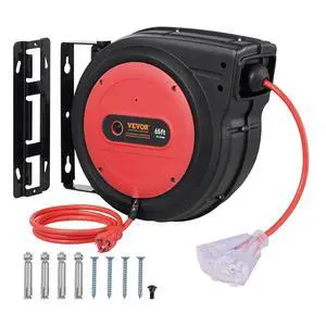 Retractable Extension Cord Reel, 65 FT, Heavy Duty 12AWG/3C SJTOW Retractable Power Cord with Lighted Triple Tap Outlet, 15 Amp Circuit Breaker 180° Swivel Bracket for Ceiling or Wall Mount Retractable Extension Cord Reel, 65 FT, Heavy Duty 12AWG/3C SJTOW Retractable Power Cord with Lighted Triple Tap Outlet, 15 Amp Circuit Breaker 180° Swivel Bracket for Ceiling or Wall Mount