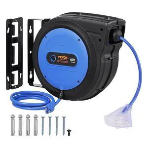 65FT Retractable Extension Cord Reel, 12AWG/3C SJTOW Heavy Duty Power Cord w/Lighted Electrical Triple Tap Outlets, 15A Circuit Breaker,180° Swivel Bracket for Workshop or Garage, Blue 65FT Retractable Extension Cord Reel, 12AWG/3C SJTOW Heavy Duty Power Cord w/Lighted Electrical Triple Tap Outlets, 15A Circuit Breaker,180° Swivel Bracket for Workshop or Garage, Blue