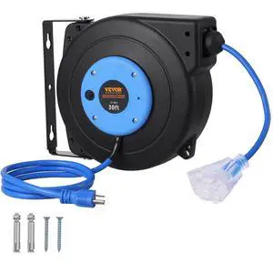 Retractable Extension Cord Reel, 30 FT, Heavy Duty 16AWG/3C SJTOW Retractable Power Cord Reel with Lighted Triple Tap Outlet 10 Amp Circuit Breaker, for Ceiling or Wall Mount, Blue Retractable Extension Cord Reel, 30 FT, Heavy Duty 16AWG/3C SJTOW Retractable Power Cord Reel with Lighted Triple Tap Outlet 10 Amp Circuit Breaker, for Ceiling or Wall Mount, Blue