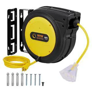 80FT Retractable Extension Cord Reel, 12AWG/3C SJTOW Heavy Duty Power Cord w/Lighted Electrical Triple Tap Outlets, 15A Circuit Breaker,180° Swivel Bracket for Workshop or Garage, Yellow 80FT Retractable Extension Cord Reel, 12AWG/3C SJTOW Heavy Duty Power Cord w/Lighted Electrical Triple Tap Outlets, 15A Circuit Breaker,180° Swivel Bracket for Workshop or Garage, Yellow