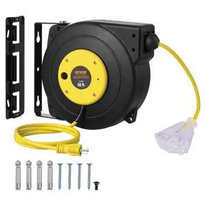 Retractable Extension Cord Reel, 50 FT, Heavy Duty 14AWG/3C SJTOW Extension Power Cord with Lighted Triple Tap Outlet, 13A Circuit Breaker 180° Swivel Bracket for Ceiling or Wall Mount, Yellow Retractable Extension Cord Reel, 50 FT, Heavy Duty 14AWG/3C SJTOW Extension Power Cord with Lighted Triple Tap Outlet, 13A Circuit Breaker 180° Swivel Bracket for Ceiling or Wall Mount, Yellow