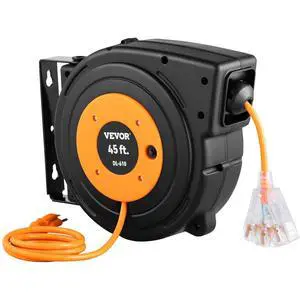 Retractable Extension Cord Reel, 45 FT, Heavy Duty 12AWG/3C SJTOW Power Cord, with Lighted Triple Tap Outlet, 15 Amp Circuit Breaker, 180° Swivel Bracket for Ceiling or Wall Mount Retractable Extension Cord Reel, 45 FT, Heavy Duty 12AWG/3C SJTOW Power Cord, with Lighted Triple Tap Outlet, 15 Amp Circuit Breaker, 180° Swivel Bracket for Ceiling or Wall Mount