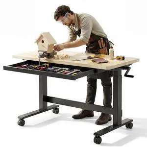 Adjustable Height Workbench 47.2" x 23.6" Garage Work Table with Hand Crank, Drawer & Lockable Casters - Heavy-Duty Steel & Rubber Wood Top for Workshop, DIY Craft Table Adjustable Height Workbench 47.2" x 23.6" Garage Work Table with Hand Crank, Drawer & Lockable Casters - Heavy-Duty Steel & Rubber Wood Top for Workshop, DIY Craft Table