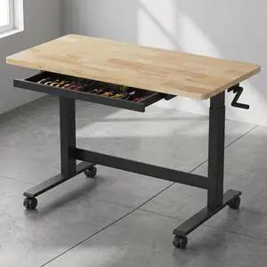 Hand Crank Adjustable Height Workbench, 47.2" x 23.6" Rubberwood Top with Drawers, 360° Casters & Heavy-Duty Steel Frame for Garage, Studio, Kitchen or Workshop Hand Crank Adjustable Height Workbench, 47.2" x 23.6" Rubberwood Top with Drawers, 360° Casters & Heavy-Duty Steel Frame for Garage, Studio, Kitchen or Workshop