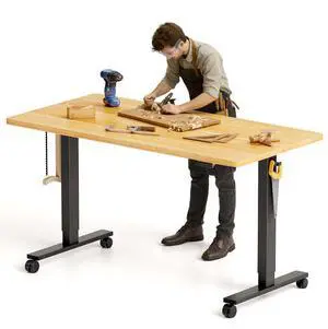 Electric Adjustable Workbench, 55x28 Inches Ergonomic Worktable with Wheels for Garage, Workshop, Office and Home, Spacious Desktop for Woodworking Sewing and Crafts, Maple, 3 Packages Electric Adjustable Workbench, 55x28 Inches Ergonomic Worktable with Wheels for Garage, Workshop, Office and Home, Spacious Desktop for Woodworking Sewing and Crafts, Maple, 3 Packages