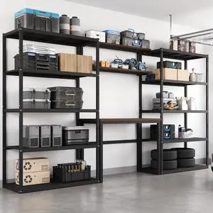 Garage Storage System with Workbench and Shelving, 142" Modular Garage Organization System, Heavy-Duty Steel Storage Shelves & Workstation, Open Rack Design, Black, FLEXIMOD Series Garage Storage System with Workbench and Shelving, 142" Modular Garage Organization System, Heavy-Duty Steel Storage Shelves & Workstation, Open Rack Design, Black, FLEXIMOD Series
