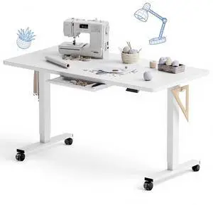 Electric Adjustable Workbench, 55x28 Inches Ergonomic Worktable with Drawer and Wheels for Garage, Workshop and Office, Spacious Desktop for Sewing and Crafts, White, 4 Packages Electric Adjustable Workbench, 55x28 Inches Ergonomic Worktable with Drawer and Wheels for Garage, Workshop and Office, Spacious Desktop for Sewing and Crafts, White, 4 Packages