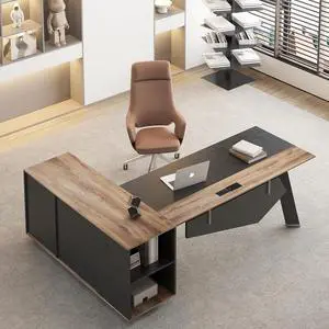 63 inches Executive Desk and 47" lateral File Cabinet, L-Shaped Desk with Storage Shelves and Doors, Modern Business Furniture Desk,Writing Table Computer Desk for Home Office, Brown and Black 63 inches Executive Desk and 47" lateral File Cabinet, L-Shaped Desk with Storage Shelves and Doors, Modern Business Furniture Desk,Writing Table Computer Desk for Home Office, Brown and Black