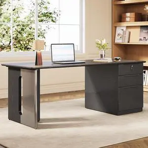 63" Black Executive Desk with File Drawers, Rectangular Office Computer Desk with Reversible Cabinet & Sintered Stone Desktop, Simple Workstation Business Furniture, 23.6"D x 62.9"W x 29.5"H 63" Black Executive Desk with File Drawers, Rectangular Office Computer Desk with Reversible Cabinet & Sintered Stone Desktop, Simple Workstation Business Furniture, 23.6"D x 62.9"W x 29.5"H